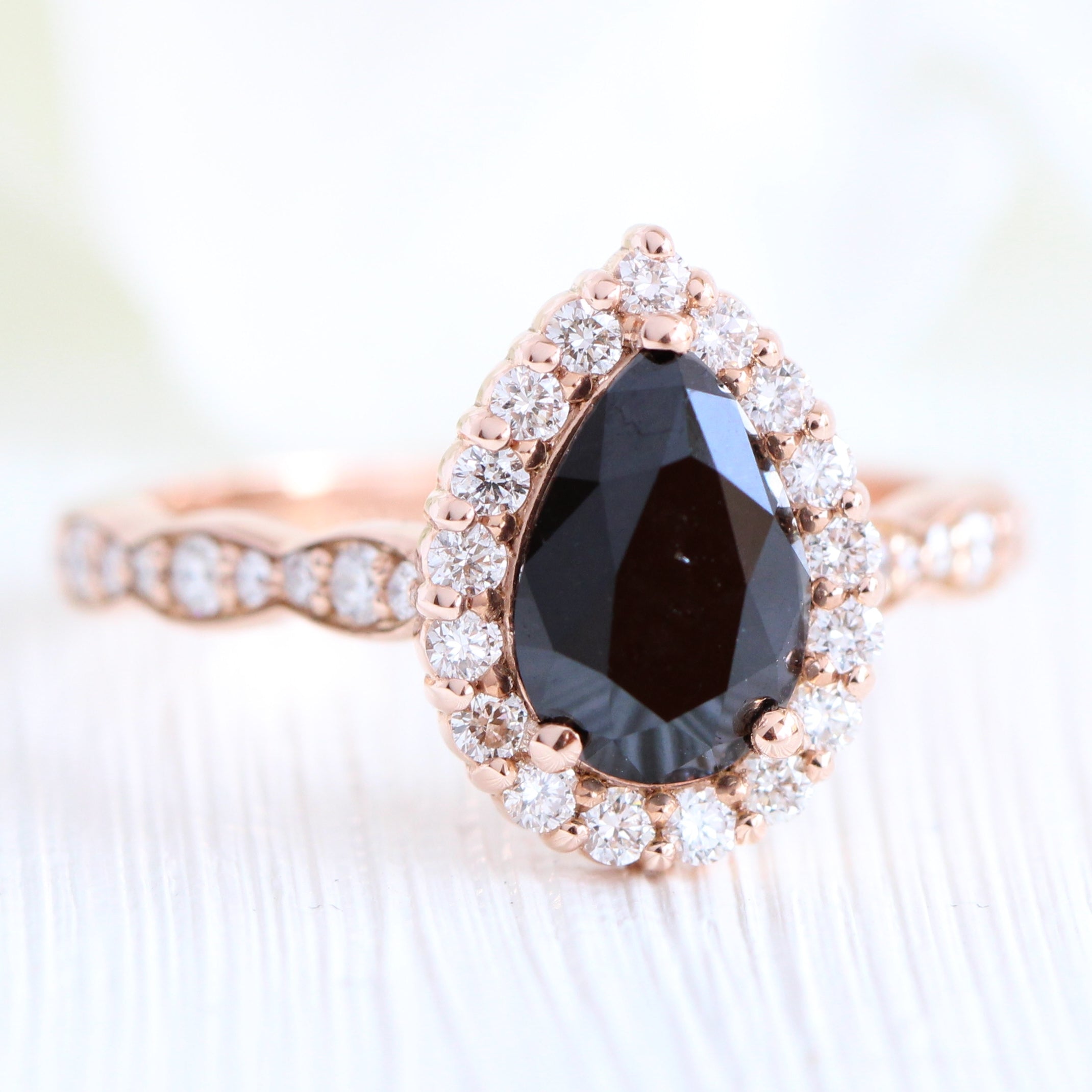 Natural Pear Black Diamond Engagement Ring Rose Gold Halo Diamond Ring 14K White Gold / 9.5